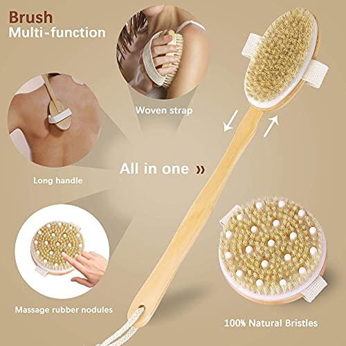 Dry Brushing Body Brush Set of 2, Natural Bristle Dry Skin Exfoliating Brush,...