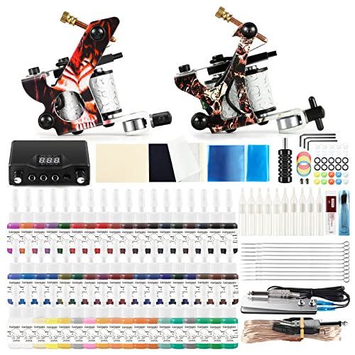 Tattoo Kit Professional Complete 2 Tattoo Machine Gun 54 Color Ink Permanent ...