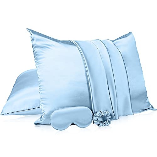 2 Pack Satin Pillowcase with Hidden Zipper, Adjustable Satin Eye Mask for Sle...