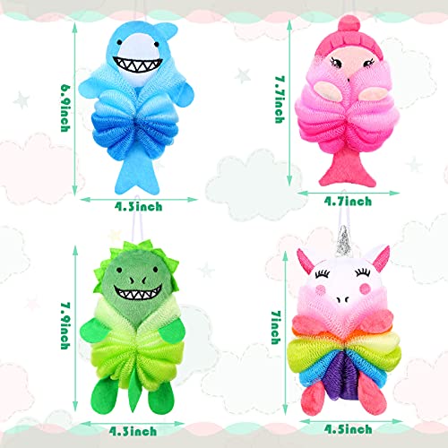 4 Pieces Animal Bath Loofahs Kids Body Loofahs Cartoon Shower Loofahs Cute Ba...