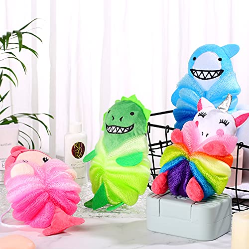 4 Pieces Animal Bath Loofahs Kids Body Loofahs Cartoon Shower Loofahs Cute Ba...