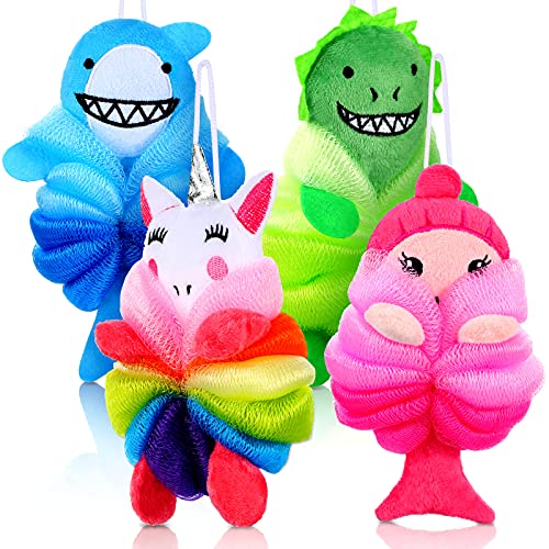 4 Pieces Animal Bath Loofahs Kids Body Loofahs Cartoon Shower Loofahs Cute Ba...