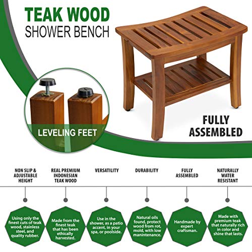 TeakCraft Teak Shower Bench with Shelf 21 Inch, Fully Assembled Teak Wood Sho...