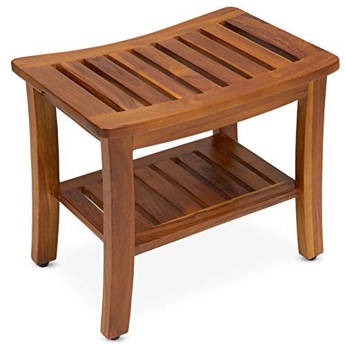 TeakCraft Teak Shower Bench with Shelf 21 Inch, Fully Assembled Teak Wood Sho...