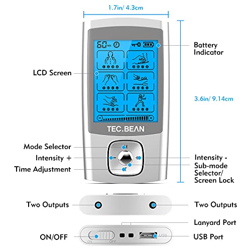 TENS EMS Unit 24 Modes Muscle Stimulator, TEC.BEAN Rechargeable TENS Machine ...