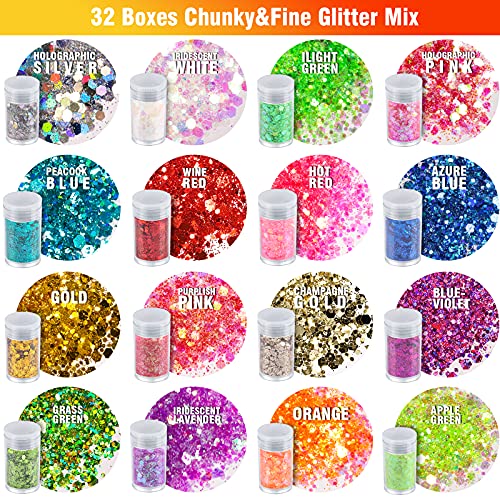 Festival Chunky and Fine Glitter Mix, Teenitor 32 Colors Chunky Sequins & Fin...
