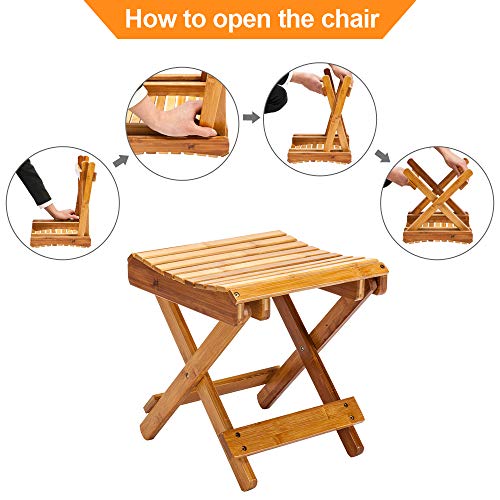Bamboo Folding Bathroom Stool Wooden Shower Chair for Shaving & Shower Foot R...