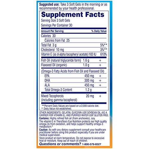 TheraTears 1200mg Omega 3 Supplement for Eye Nutrition, Organic Flaxseed Trig...