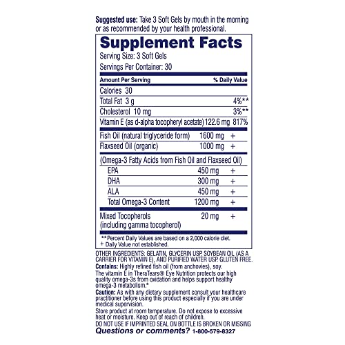 TheraTears 1200mg Omega 3 Supplement for Eye Nutrition, Organic Flaxseed Trig...