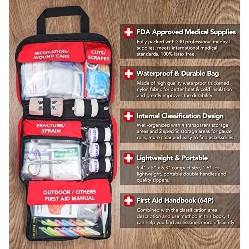 330 Piece First Aid Kit, Premium Waterproof Compact Trauma Medical Kits for A...