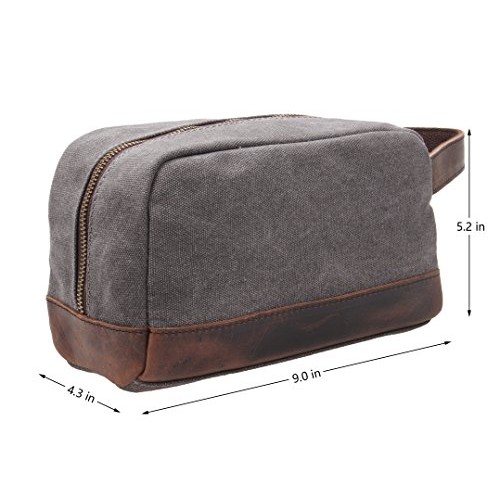 Vintage Leather Canvas Travel Toiletry Bag Shaving Dopp Kit #A001 (Grey)