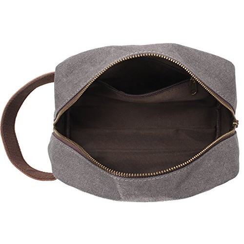 Vintage Leather Canvas Travel Toiletry Bag Shaving Dopp Kit #A001 (Grey)