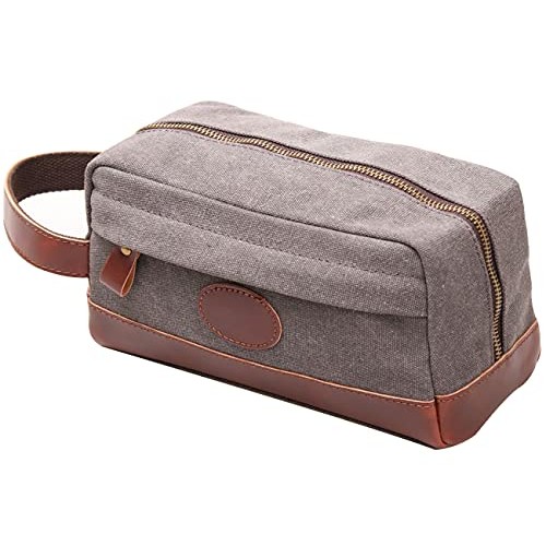 Vintage Leather Canvas Travel Toiletry Bag Shaving Dopp Kit #A001 (Grey)