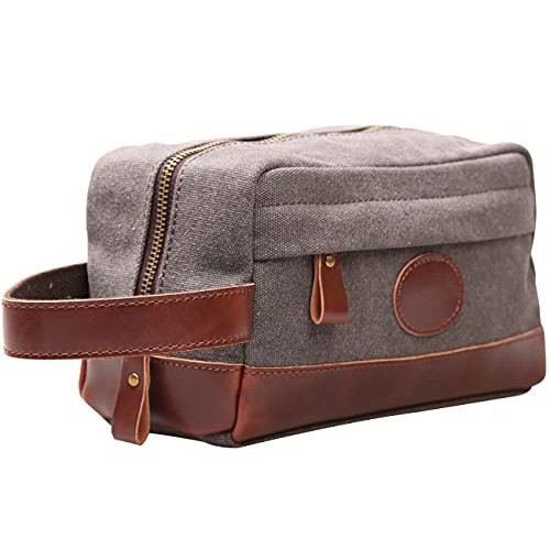 Vintage Leather Canvas Travel Toiletry Bag Shaving Dopp Kit #A001 (Grey)
