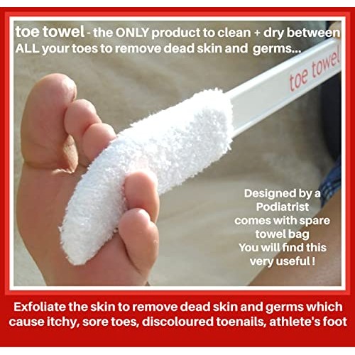 Long handle foot brush - toe towel care aid to CLEAN + DRY between ALL TOES a...