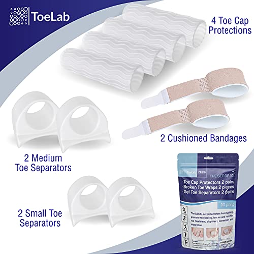 ToeLab Gel Toe Separators + Broken Toe Wraps + Toe Cap Protector - 10pack Bun...