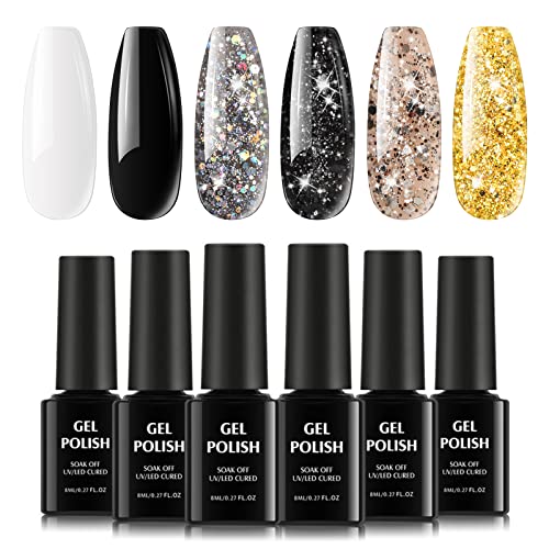 TOMICCA Glitter Black Gold White Silver Sparkle Gel Nail Polish Set, 6 Colors...