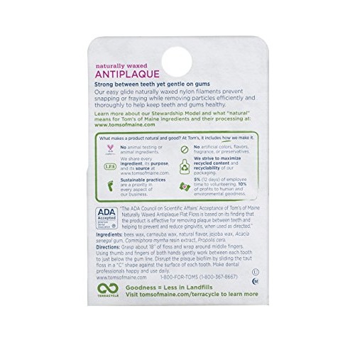 Tom's of Maine Naturally Waxed Antiplaque Flat Dental Floss, Spearmint, 32 Ya...