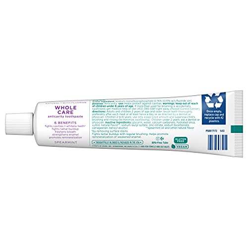 Tom's of Maine Whole Care Natural Toothpaste with Fluoride, Spearmint, 4 oz. ...