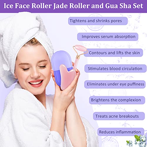 3 in 1 Ice Face Roller Jade Roller and Gua Sha Set, Silicone Ice Mould Facial...