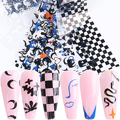 TOOFD Blue Flame Line Checkerboard Grid Foil Transfer Nail Stickers Nail Art ...