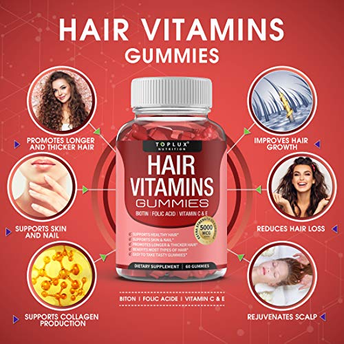 Hair Vitamins Gummies Supplement – Faster Hair Growth Gummy 5000mcg Biotin, F...