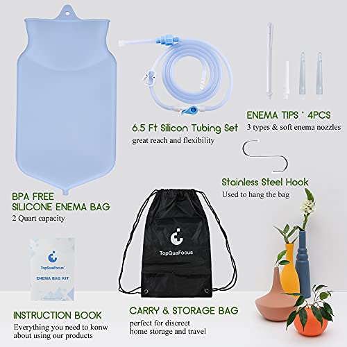 TopQuaFocus 2 Quart Enema Bag Kit Clear Non-Toxic Silicone for Coffee and Wat...