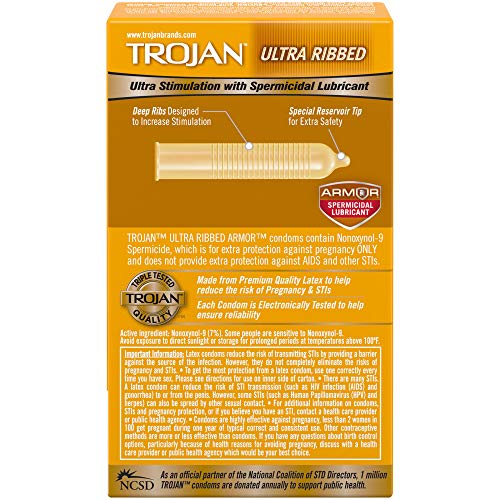TROJAN Stimulations Ultra Ribbed Spermicidal Condoms, 12 Count