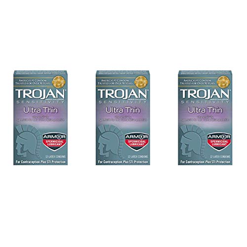 Trojan Ultra Thin Latex Condoms, Spermicidal Lubricant, 12-Count Boxes (Pack ...
