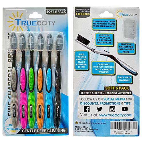 Soft Charcoal Toothbrush 6 Pack; Slim Flossing Bristles Reach Between Teeth &...