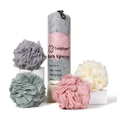 TungSam Bath Loofah Sponge, Pack of 4 Mesh Pouf Body Shower Scrubber. (Multi-...