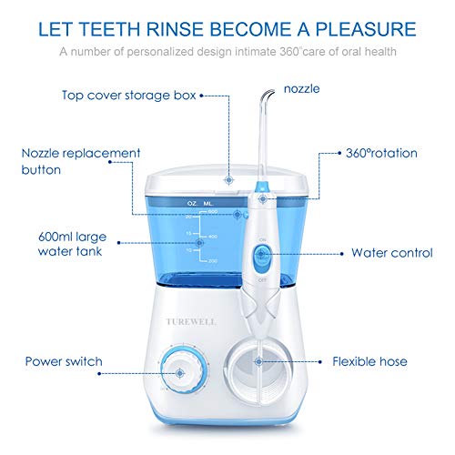 TUREWELL Water Flossing Oral Irrigator, 600ML Dental Water Teeth Cleaner 10 A...