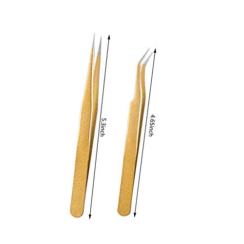 Tvoip 2 Pcs Gold Stainless Steel Tweezers for Eyelash Extensions, Straight an...