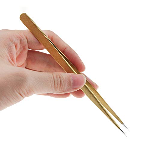 Tvoip 2 Pcs Gold Stainless Steel Tweezers for Eyelash Extensions, Straight an...