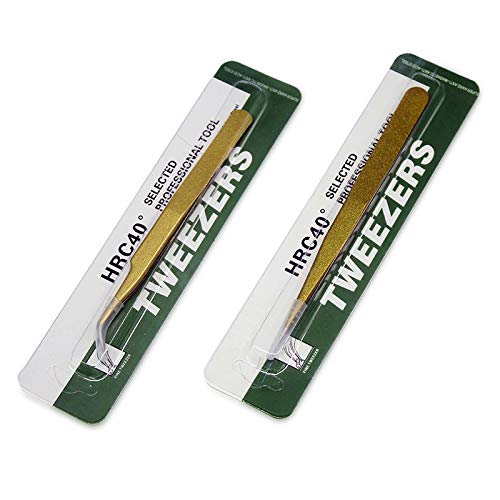 Tvoip 2 Pcs Gold Stainless Steel Tweezers for Eyelash Extensions, Straight an...