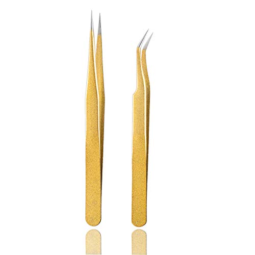 Tvoip 2 Pcs Gold Stainless Steel Tweezers for Eyelash Extensions, Straight an...