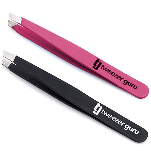 Tweezer Guru Tweezers for Eyebrows - 2 Pack Slant Tip Professional Stainless ...