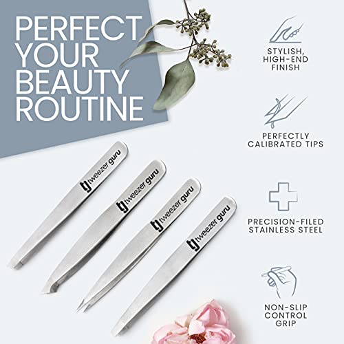 Tweezer Guru Tweezers Set - 4-piece Slanted and Pointed Stainless Steel Preci...
