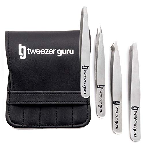 Tweezer Guru Tweezers Set - 4-piece Slanted and Pointed Stainless Steel Preci...