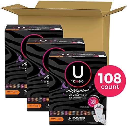 U by Kotex AllNighter Overnight Feminine Pads with Wings, Ultra Thin, 108 Cou...