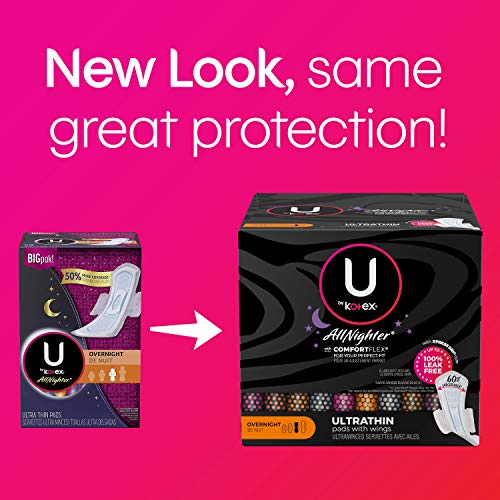 U by Kotex AllNighter Overnight Feminine Pads with Wings, Ultra Thin, 108 Cou...