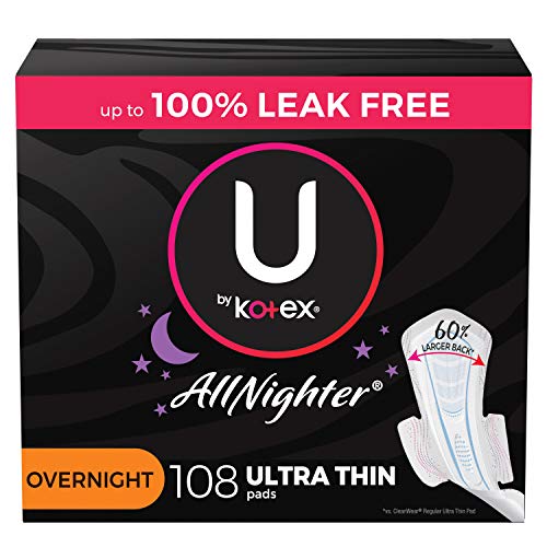 U by Kotex AllNighter Overnight Feminine Pads with Wings, Ultra Thin, 108 Cou...
