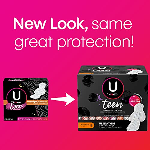 U by Kotex Teen Ultra Thin Feminine Pads with Wings, Overnight, Unscented, 24...