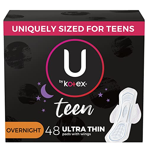 U by Kotex Ultra Thin Teen Feminine Pads with Wings, Overnight Protection, Un...