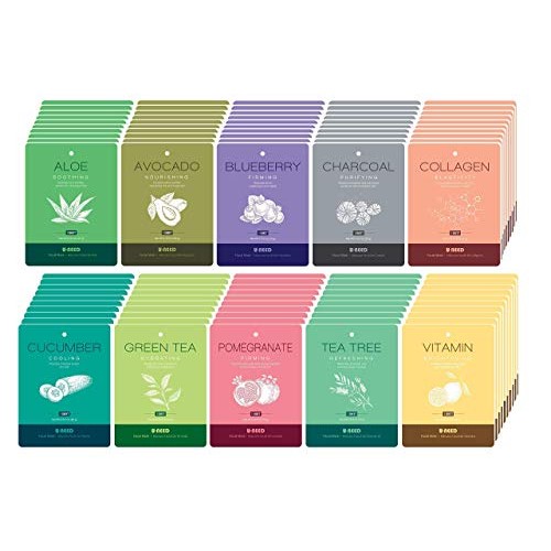 U-NEED 100 pcs Korean Face Sheet Mask (10 Types x 10 pcs) Natural Facial Mask...