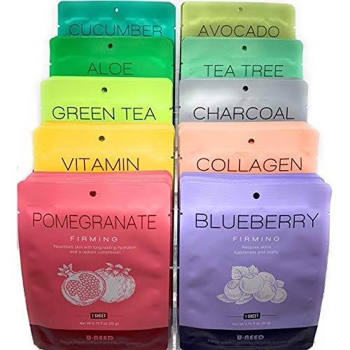 U-NEED 100 pcs Korean Face Sheet Mask (10 Types x 10 pcs) Natural Facial Mask...