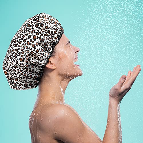 Shower Cap for Women in White Leopard Print - Large Opening for Short and Lon...