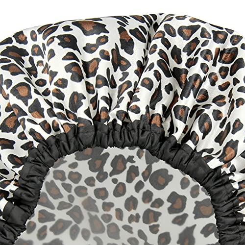 Shower Cap for Women in White Leopard Print - Large Opening for Short and Lon...