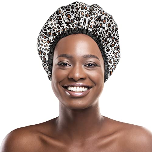 Shower Cap for Women in White Leopard Print - Large Opening for Short and Lon...