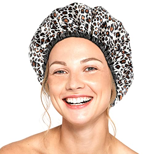 Shower Cap for Women in White Leopard Print - Large Opening for Short and Lon...